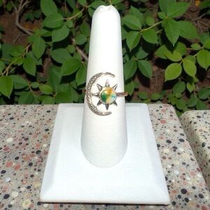 Sun & Crescent Moon Spiny Oyster Turquoise Ring .925 Sterling Silver - Size 8